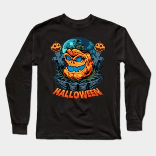 halloween pumpkin middle halloween night graves tombstones Long Sleeve T-Shirt